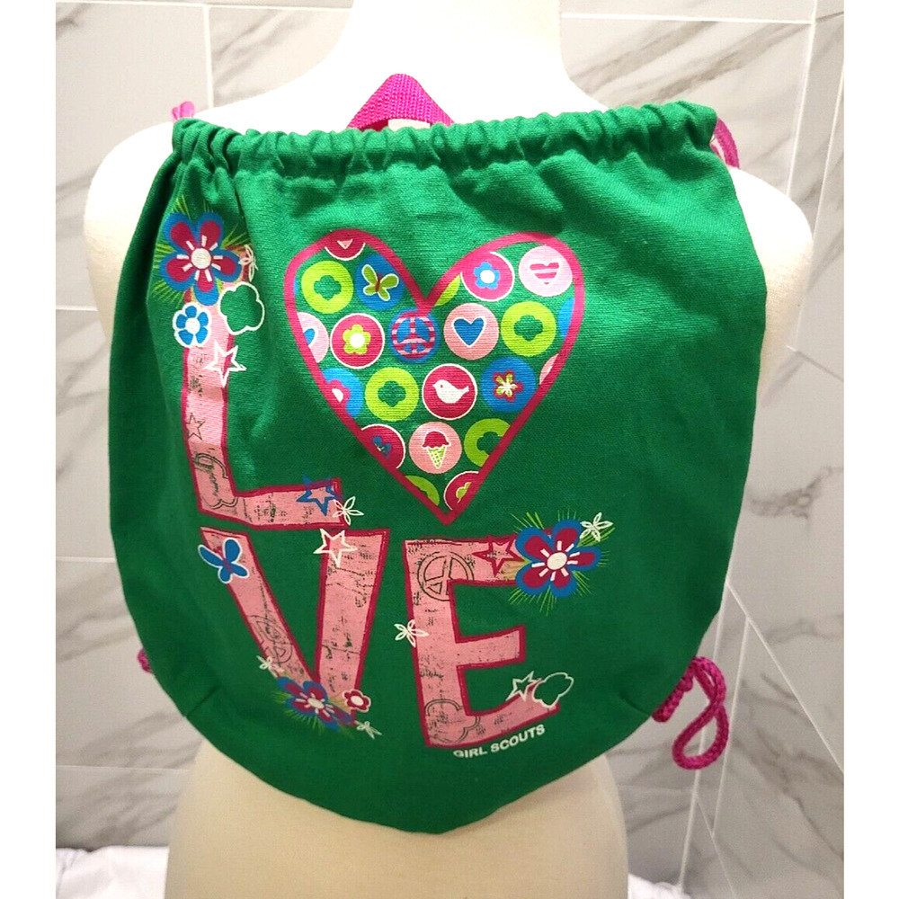 GIRL SCOUTS LOVE Drawstring Backpack Green Pink Colorful Flowers 15"